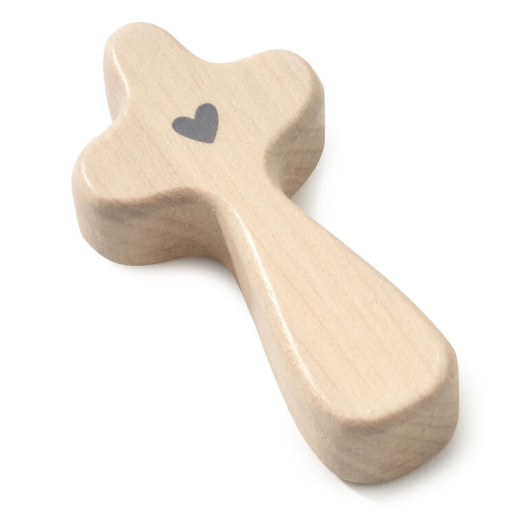 Hallmark mini comfort cross with gray heart design and I John 4:16 Bible verse on light wood.