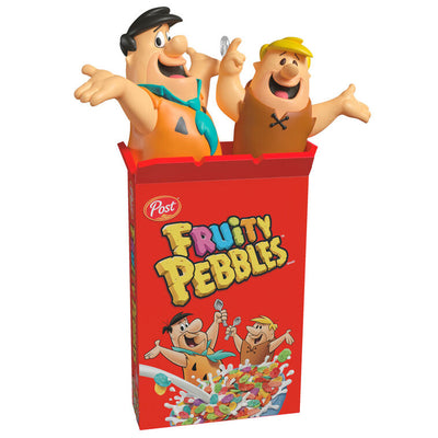Hallmark Keepsake The Flintstones Fruity Pebbles ornament featuring Fred Flintstone and Barney Rubble in a red Fruity Pebbles cereal box.