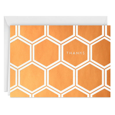 Thank you cards with copper foil hexagon pattern and white outlines, includes 10 blank cards and white envelopes in a gray gift box