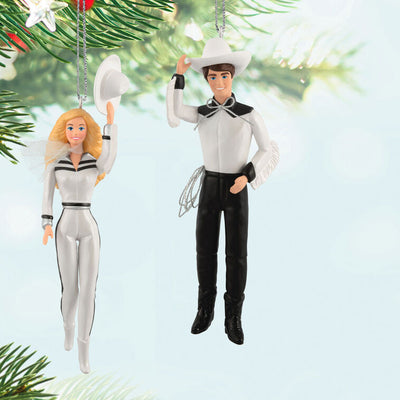 Barbie and Ken Western Stars ornaments in black and white cowboy outfits, hats, boots, and silver accents, Hallmark Keepsake set of 2.