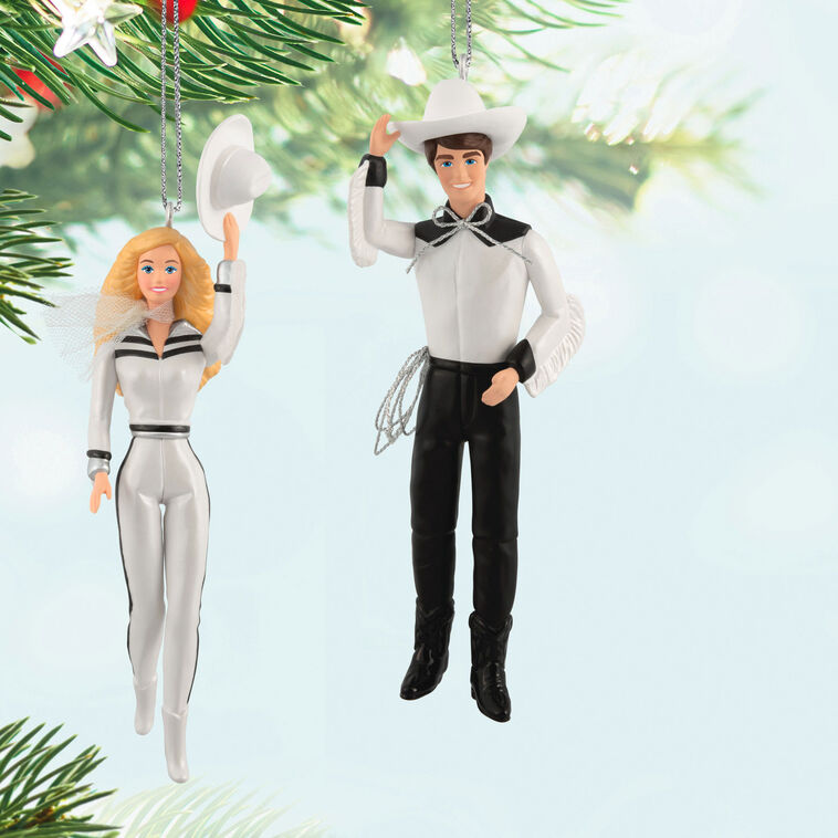 Barbie and Ken Western Stars ornaments in black and white cowboy outfits, hats, boots, and silver accents, Hallmark Keepsake set of 2.