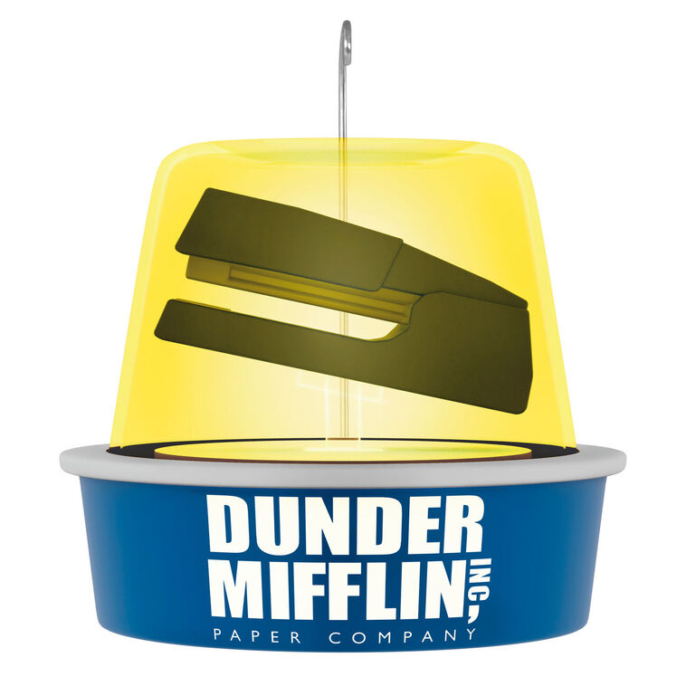 The Office ornament, stapler in yellow gelatin mold, Dunder Mifflin logo, Hallmark Keepsake, sound feature, Christmas tree decoration.