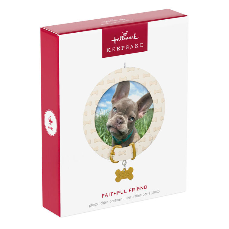 Dog photo frame ornament with bone-shaped charm and collar design, year-dated 2025 for pet’s first Christmas keepsake

