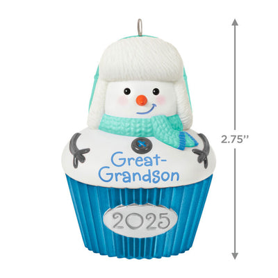 Cupcake-shaped snow-boy ornament with trapper hat and green-blue scarf, year-dated 2025 for great-grandson Christmas gift

