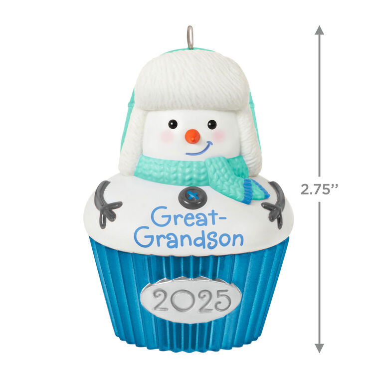 Cupcake-shaped snow-boy ornament with trapper hat and green-blue scarf, year-dated 2025 for great-grandson Christmas gift


