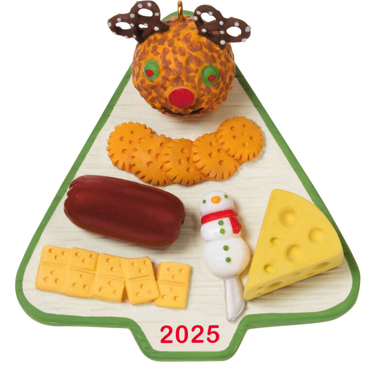 Hallmark Keepsake Season’s Treatings 2025 ornament—tree-shaped charcuterie board with cheeses, meat, crackers, snowman knife, and reindeer cheese ball
