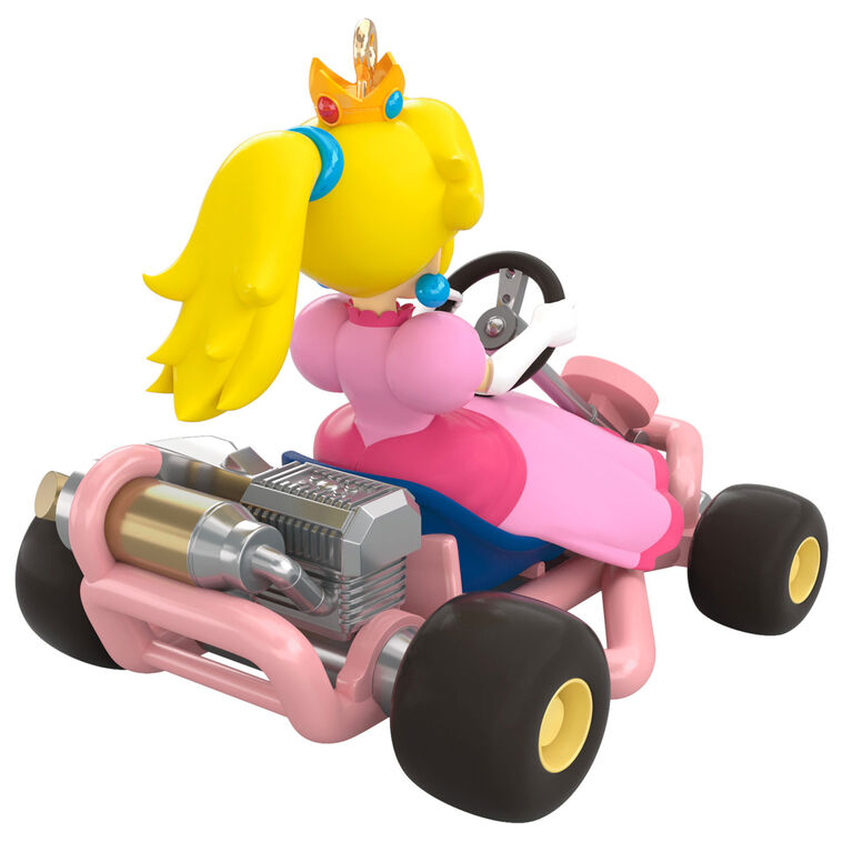 Princess Peach from Mario Kart drives a pink go-kart, wheels turning, Hallmark Keepsake Christmas ornament inspired by the Nintendo video game.