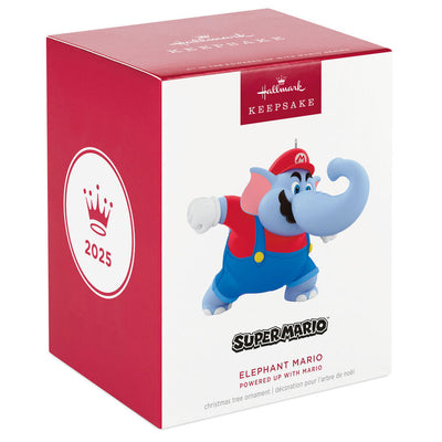 Elephant Mario ornament in red cap and overalls, gray pachyderm form from Super Mario Bros. Wonder, Hallmark Nintendo Christmas collectible
