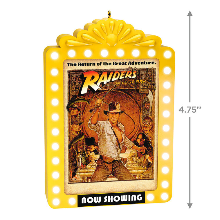 Hallmark Keepsake ornament featuring Raiders of the Lost Ark™ poster in yellow marquee frame with continuous light effect.