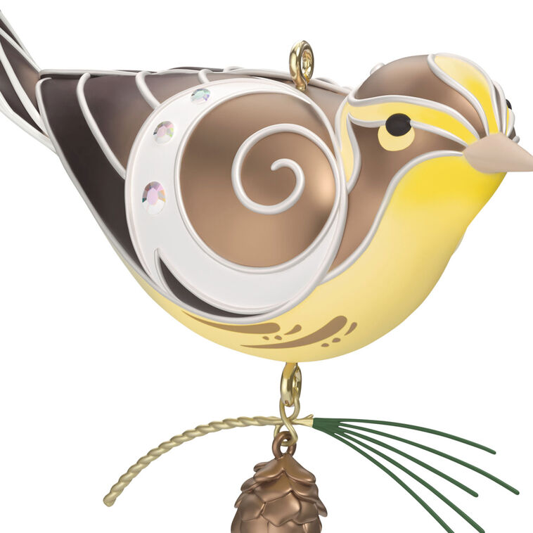 Hallmark Keepsake Beauty of Birds Lady Blackburnian Warbler ornament, yellow and brown bird with metallic silver accents and pine cone, Christmas decor.