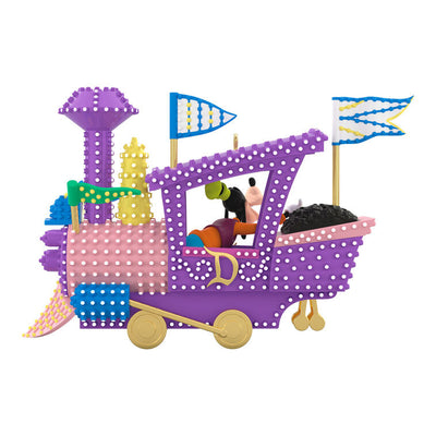 Hallmark Keepsake Disney Electrical Parade ornament featuring Mickey Mouse driving a purple train float with colorful lights and flags.