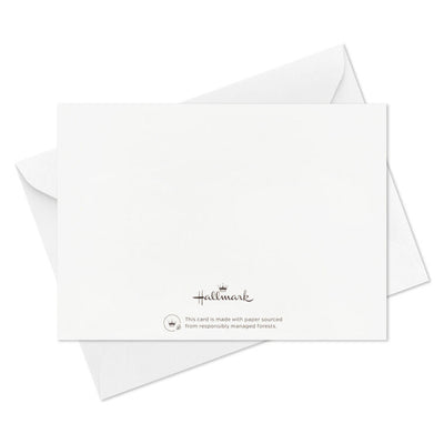 Blank flat note cards with gold lettering and black borders, includes envelopes and white caddy with black geometric lines.