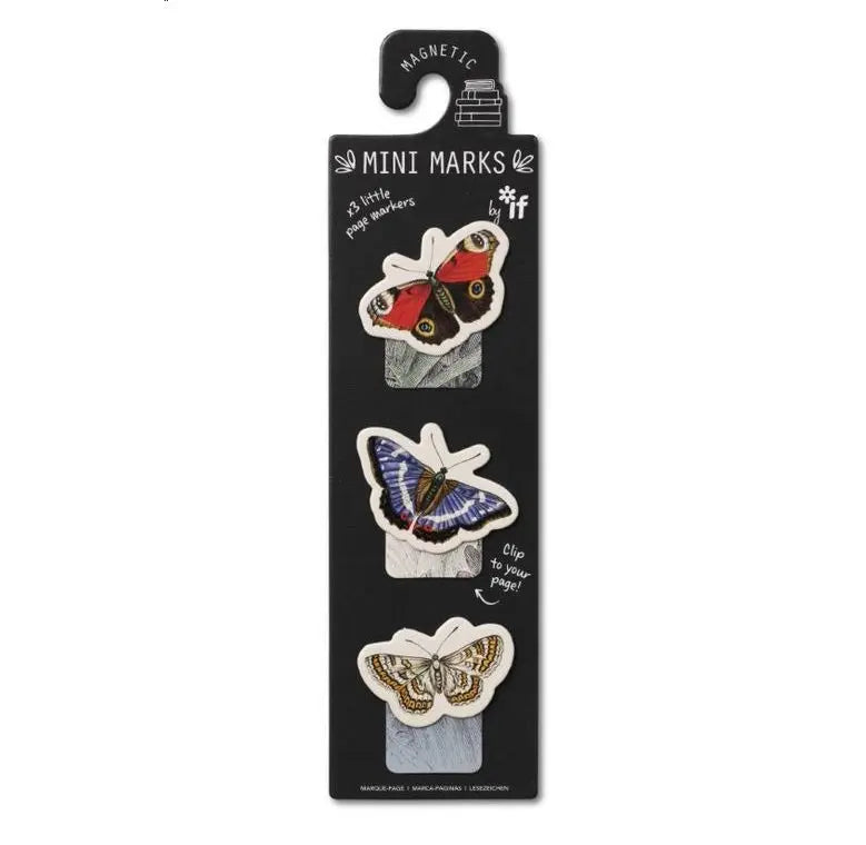 Set of butterfly-themed magnetic bookmarks in assorted vibrant colors, compact and reusable for marking book pages
