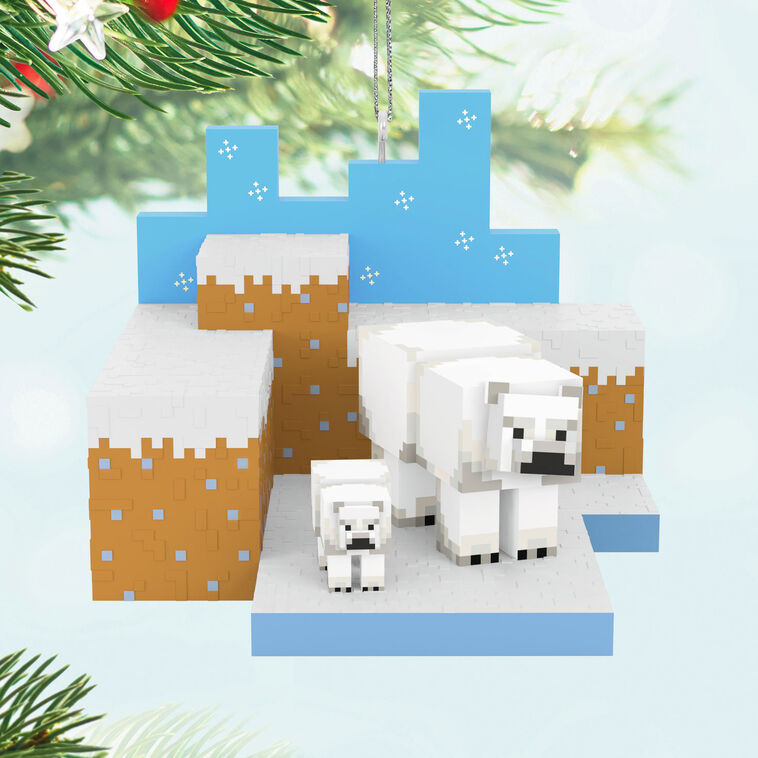 Minecraft polar bears ornament, adult and cub in pixelated snowy tundra habitat, Hallmark Keepsake, Christmas decoration, gamer collectible.