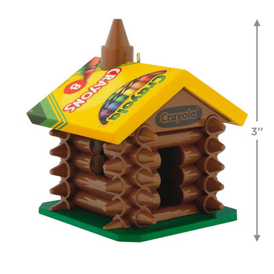 Crayola log cabin ornament made from brown crayons with yellow 8-count box roof, Hallmark Keepsake, holiday decor for kids or teachers.
