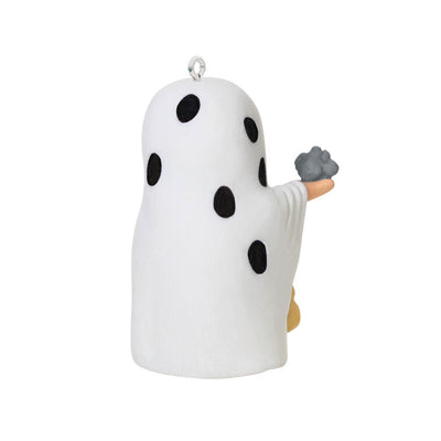 Miniature Charlie Brown Halloween ornament dressed as ghost holding rock from Peanuts Gang