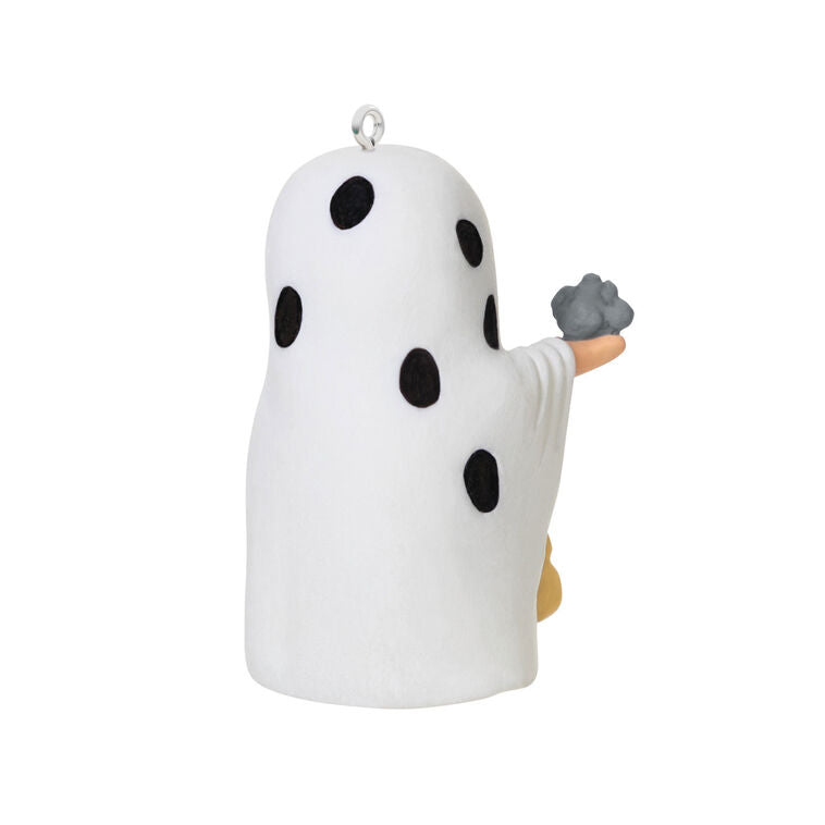 Miniature Charlie Brown Halloween ornament dressed as ghost holding rock from Peanuts Gang