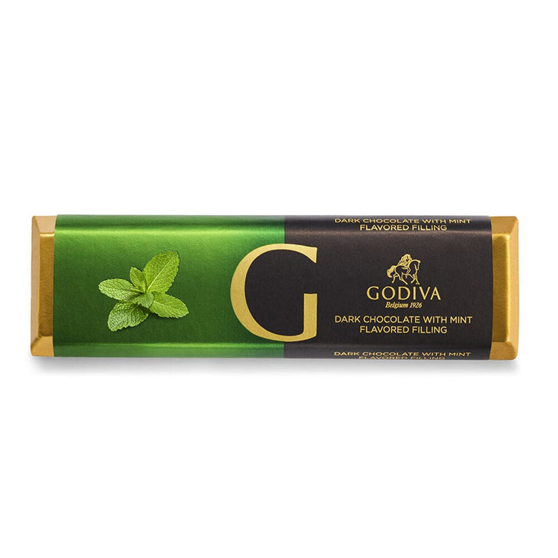 A 1.5 oz Godiva dark chocolate bar filled with mint ganache, perfect for baking, gifting, or a refreshing chocolate treat.


