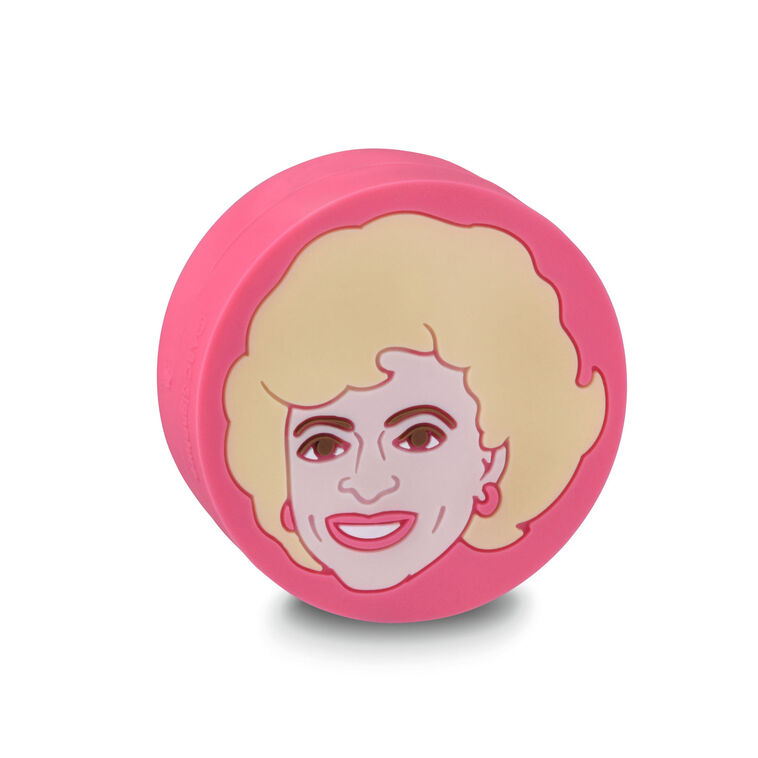 Pink silicone drink charm featuring Rose Nylund from The Golden Girls with a smiling face, designed to fit Charmers glasses.

