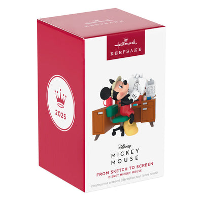 Hallmark Keepsake Disney Mickey Mouse From Sketch to Screen ornament, Mickey at animation desk with sketch, 2025 holiday collection.