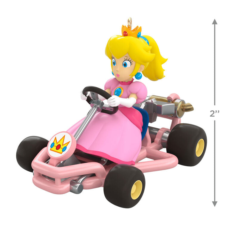 Princess Peach from Mario Kart drives a pink go-kart, wheels turning, Hallmark Keepsake Christmas ornament inspired by the Nintendo video game.