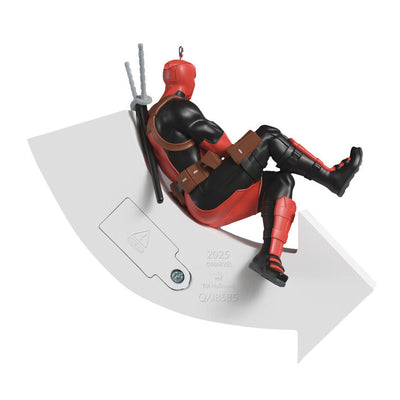 Deadpool ornament, Marvel character in red and black suit, arrow sign marquee, Hallmark Keepsake, Christmas decoration, light-up feature.