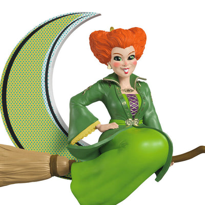 Halloween ornament of Winifred Sanderson on broomstick flying in front of crescent moon from Disney's Hocus Pocus