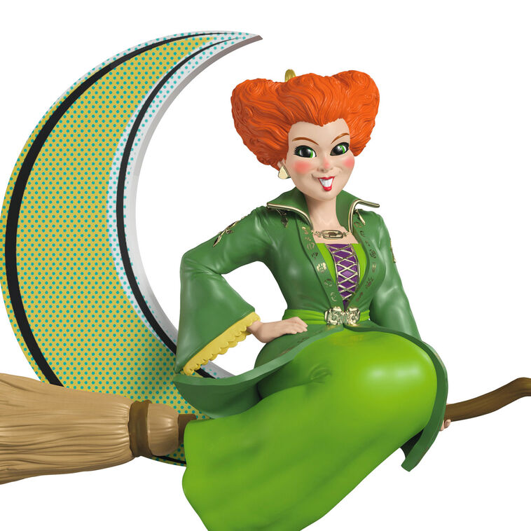 Halloween ornament of Winifred Sanderson on broomstick flying in front of crescent moon from Disney&