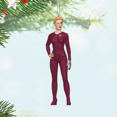 Mini Seven of Nine ornament in maroon suit with visible Borg implants, Hallmark Keepsake Star Trek Voyager Christmas collectible