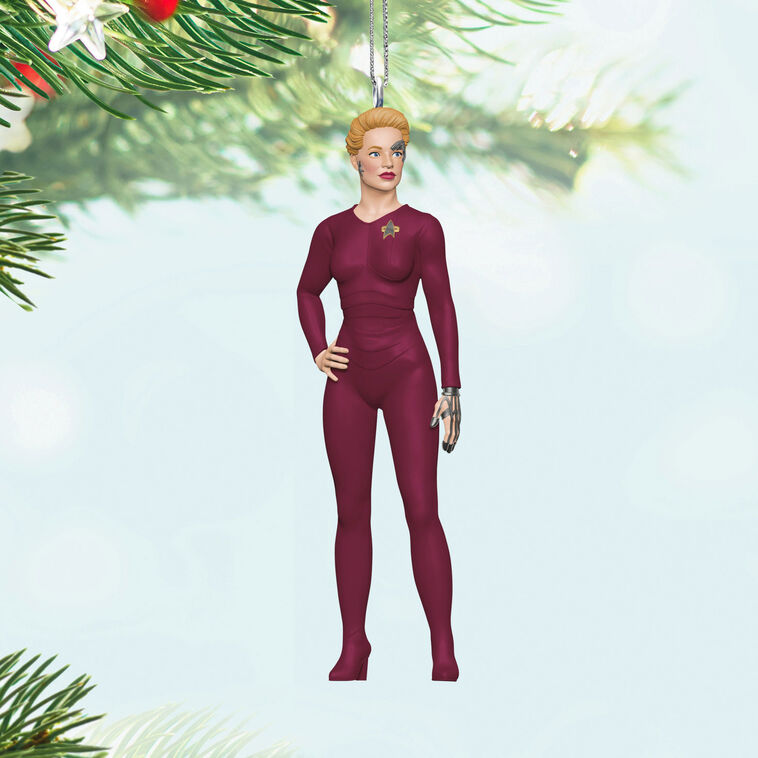 Mini Seven of Nine ornament in maroon suit with visible Borg implants, Hallmark Keepsake Star Trek Voyager Christmas collectible