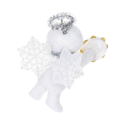 Glittery snow angel snowman ornament with tinsel halo, snowflake wings, rosy cheeks, and holding a tambourine


