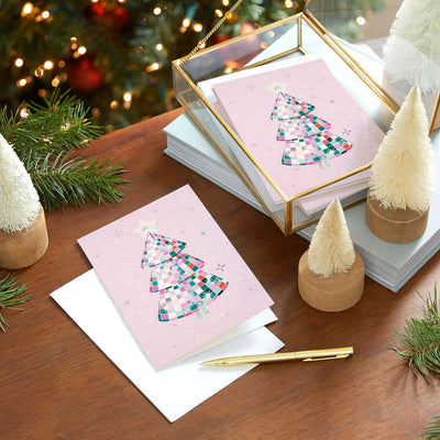 Sparkling Tree on Pink Boxed Christmas Cards, Pack of 16