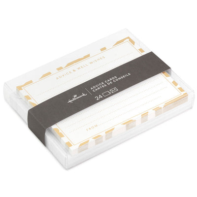 Gold foil flat note cards with white backgrounds and abstract borders, labeled “Advice and Wishes,” boxed with envelopes.
