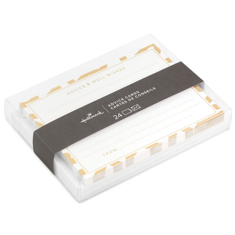 Gold foil flat note cards with white backgrounds and abstract borders, labeled “Advice and Wishes,” boxed with envelopes.
