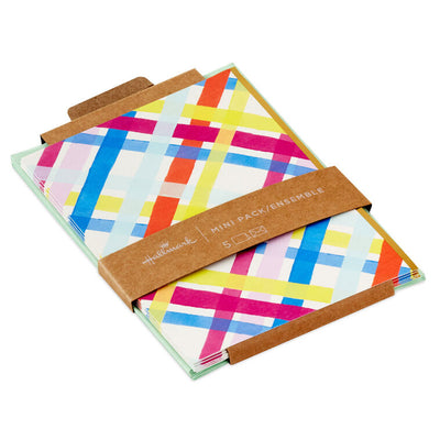 Bright pastel plaid blank note cards with gold foil accents and kraft envelopes.
