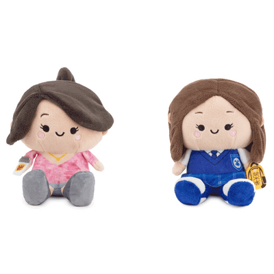Gilmore Girls plush set of Lorelai and Rory with magnets, pink sweater and school uniform, embroidered features.
