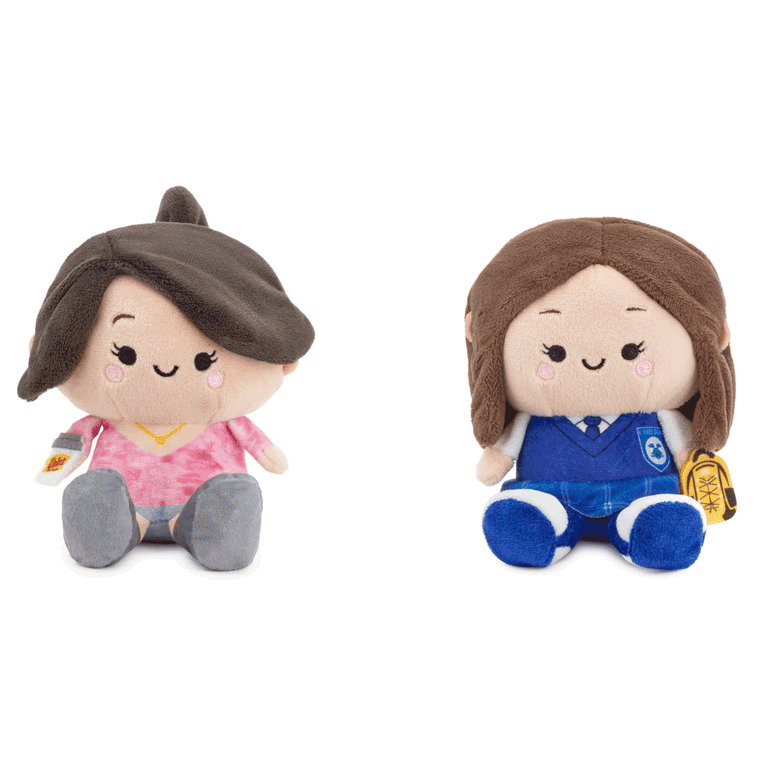 Gilmore Girls plush set of Lorelai and Rory with magnets, pink sweater and school uniform, embroidered features.
