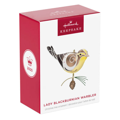 Hallmark Keepsake Beauty of Birds Lady Blackburnian Warbler ornament, yellow and brown bird with metallic silver accents and pine cone, Christmas decor.