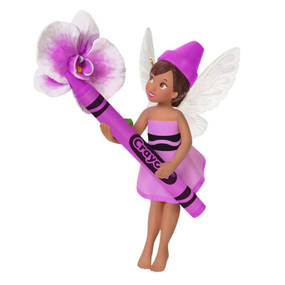 Hallmark Keepsake Crayola Orchid Fairy ornament, pixie in pink with wings, holding a Crayola crayon and flower.

