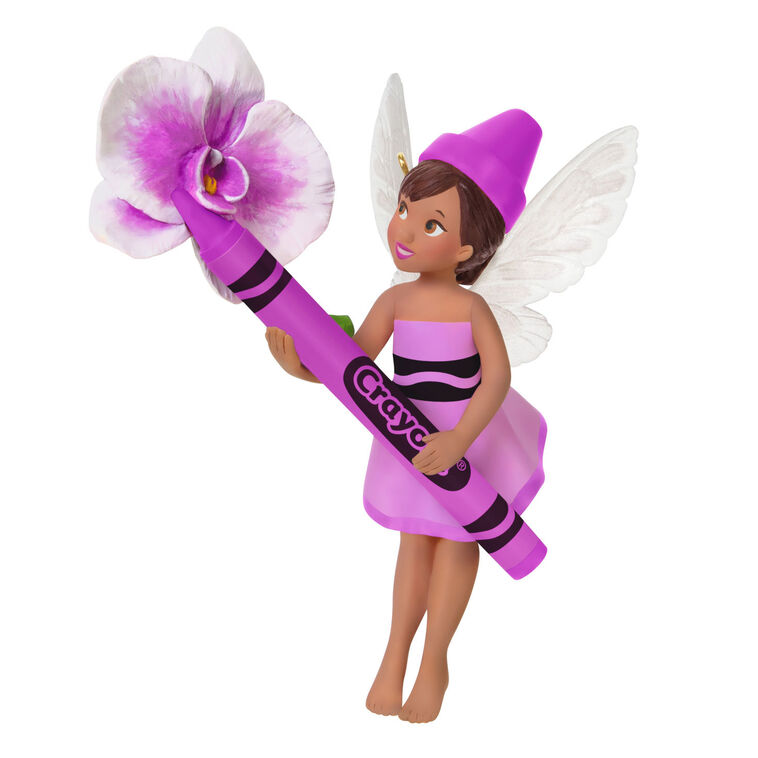 Hallmark Keepsake Crayola Orchid Fairy ornament, pixie in pink with wings, holding a Crayola crayon and flower.

