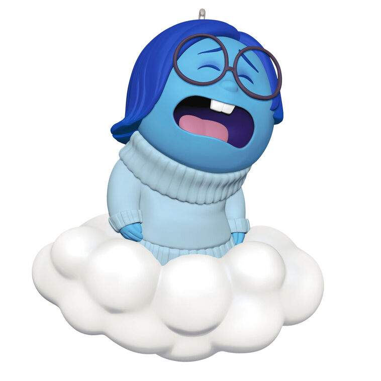 Hallmark Keepsake Inside Out 10th Anniversary Sadness ornament with Sadness sitting on a white cloud, Disney/Pixar Christmas decoration.