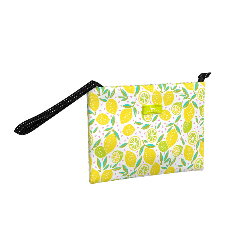 Roomy Lemoncello wristlet clutch with wide loop handle and zip closure for hands-free carry.
