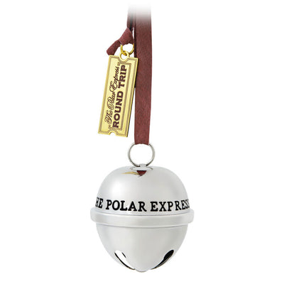 Shiny metal sleigh bell Christmas ornament from The Polar Express with gold ticket tag, faux leather hanger, and commemorative 2025 date.