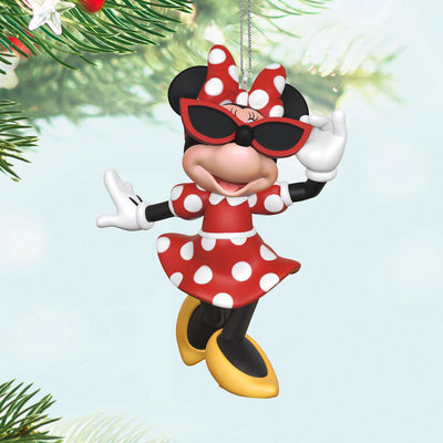 Hallmark Keepsake Disney Minnie Mouse Sunny Chic ornament featuring Minnie in a red polka dot dress, bow, and sunglasses, 2025 holiday collection.