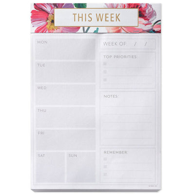 Floral weekly planner pad with gold foil accents and tear-off sheets for notes and scheduling.