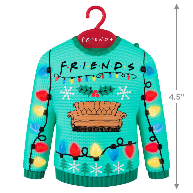 Friends ornament, ugly Christmas sweater with Central Perk couch, colorful lights, Hallmark Keepsake, musical, light-up, TV sitcom decoration.