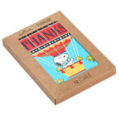 Snoopy and Woodstock flying in red and yellow hot air balloon on thank you cards, includes 12 blank notes with orange-lined envelopes