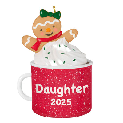 2025 Christmas ornament of gingerbread daughter cookie in red mug with whipped cream, festive holiday design

