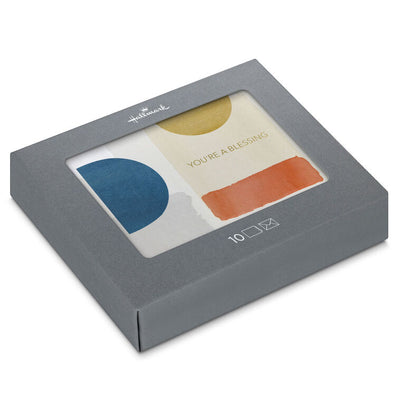 Thank you cards with gold foil message you're a blessing and abstract brushstroke shapes in blue, coral, and gold, includes 10 cards and envelopes