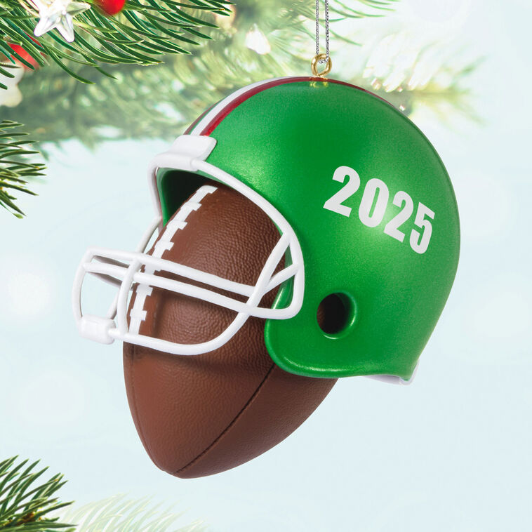 Christmas ornament with red-green football helmet on a football, year-dated 2025 for football players and coaches


